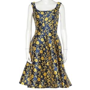 Carolina Herrera Floral Print Blue Yellow Jacquard Flare Dress